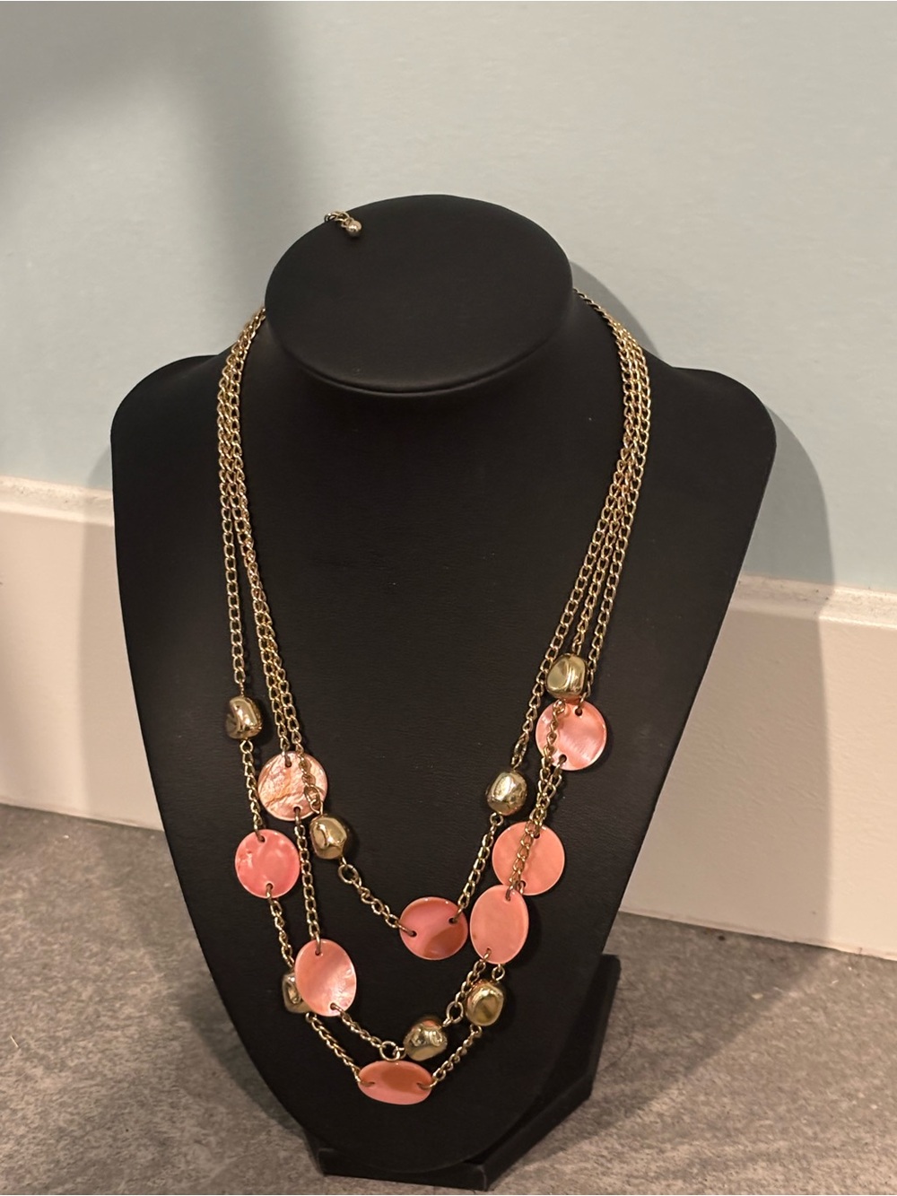 Gold-Tone Multi-Strand Necklace with Pink MOP Mother of Pearl Disc Accents